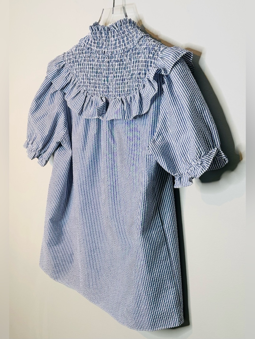 Sail To Sable Blue White Seersucker Smocked Ruffle Neck Blouse Shirt Top - Picture 6 of 9